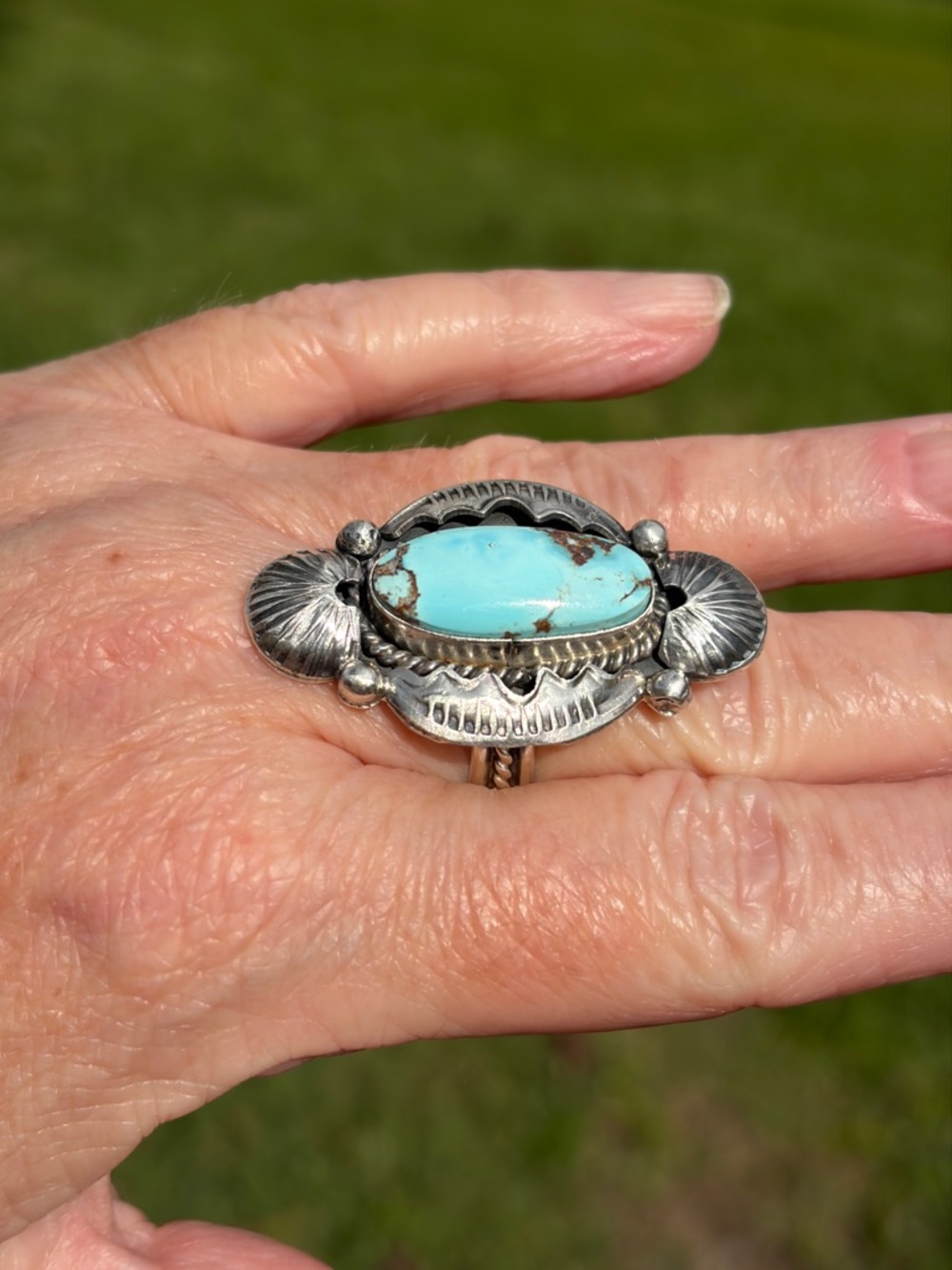 Juanita McDonald-Signed Unisex Golden Hills Turquoise Sterling Silver Ring - Picture 1 of 11